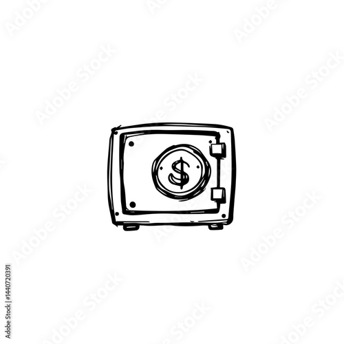 Safe deposit illustration, black and white icon with copy space