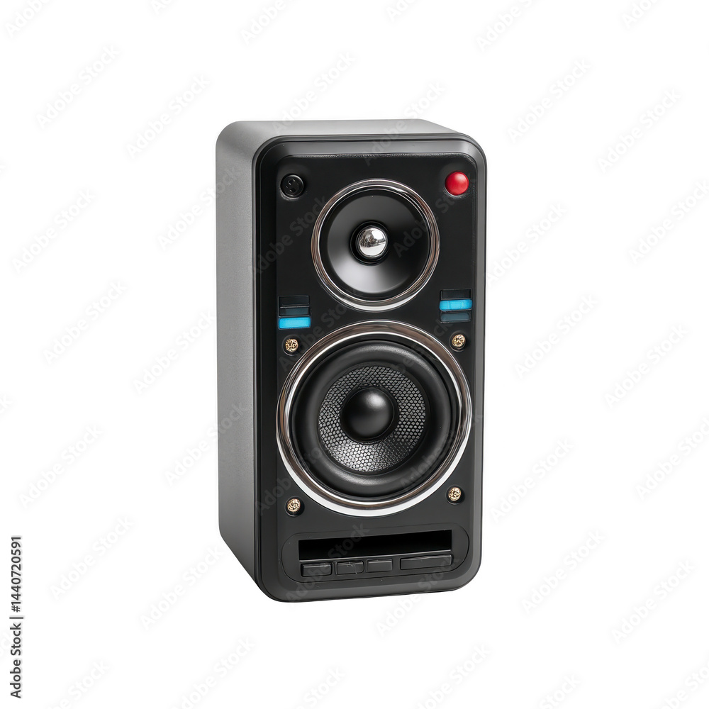 Fototapeta premium Sleek black speaker with modern design, featuring two circular drivers and compact rectangular shape, ideal for enhancing audio experiences in any setting