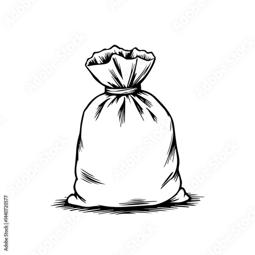 A tied sack illustration in black and white, with copy space