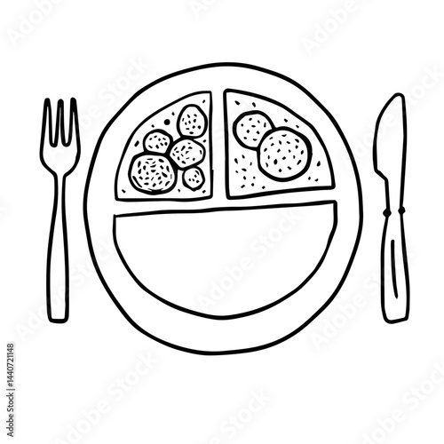 Balanced plate divided in three, with a fork and knife in monochrome for nutrition education, with copy space