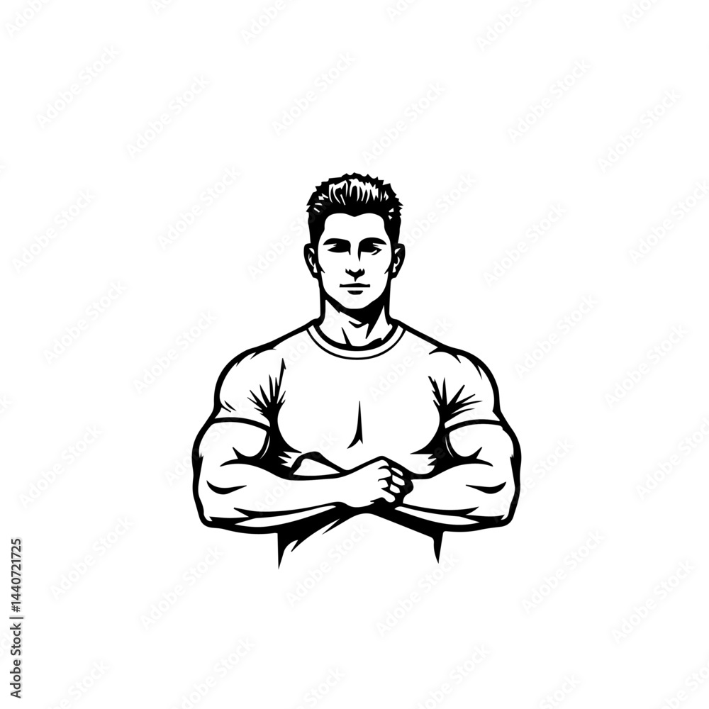 Muscular man with crossed arms in monochrome, for fitness blogs with copy space