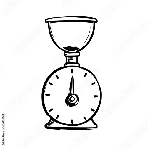 Sketch of a weighing scale in black and white, for culinary blogs, with copy space