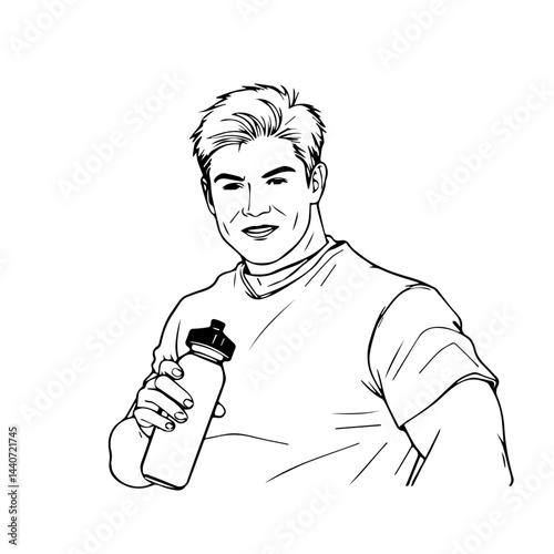 Man holding water bottle, monochrome outline illustration with copy space