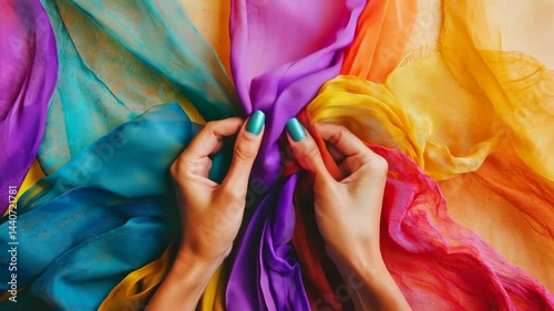 Wallpaper Mural Vibrant fabric arrangement with hands showcasing multicolored textile layers Torontodigital.ca