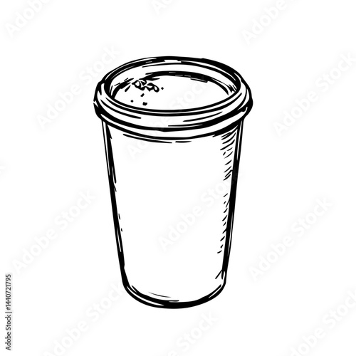 Drawn coffee cup, in black lines on white, for menu illustration with copy space