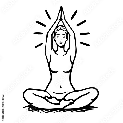 Woman in lotus position meditating, black and white illustration, for relaxation with copy space