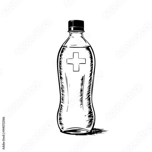 Water bottle with cross, representing medicine, in black and white