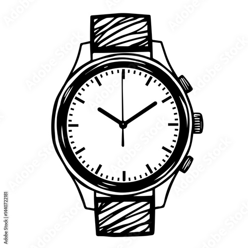 Black and white sketch of wrist watch, for blogs, with copy space