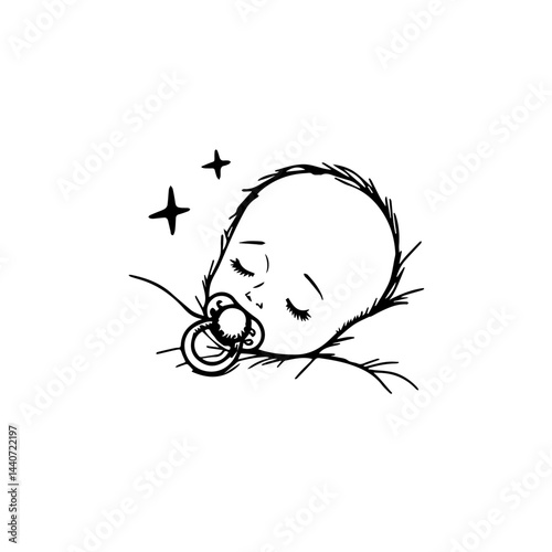 Sleeping baby with pacifier, drawn in black and white, with copy space