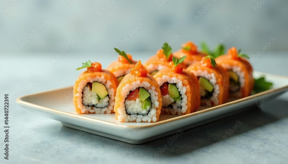 Sushi platter, colorful rolls, clean backdrop , wasabi, elegant Sushi platter, colorful rolls, clean backdrop , wasabi, elegant