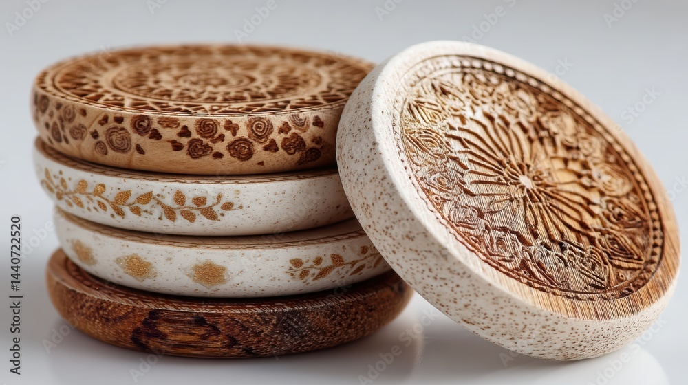 a set of wooden coasters with intricate patterns on a white isolated background, rustic and chic design a set of wooden coasters with intricate patterns on a white isolated background, rustic and chic design