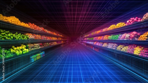 Vivid supermarket aisle filled with colorful fruits and vegetables, showcasing a futuristic design