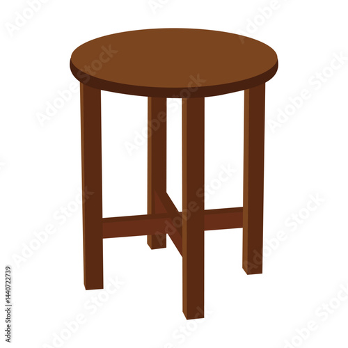 Wooden round stool with four legs and a crossbar design in a simple 3d style