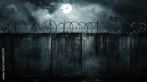 Dark, stormy night scene with a concrete wall topped with barbed wire under a full moon.
