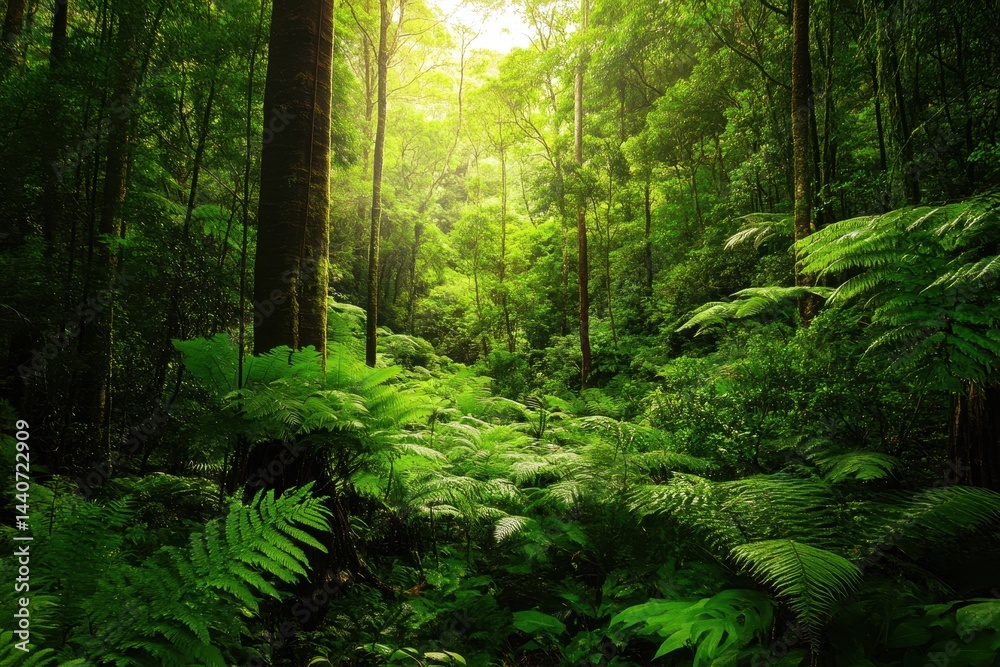 Obraz premium Lush green vegetation in the Australian rainforest of Tasmania during daylight, Australian rainforest green vegetation Tasmania nature landscape