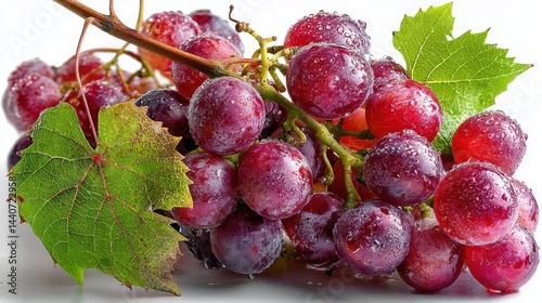 a fresh bunch of grapes with leaves on a white isolated background, sweet and juicy design
