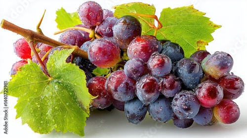 a fresh bunch of grapes with leaves on a white isolated background, sweet and juicy design