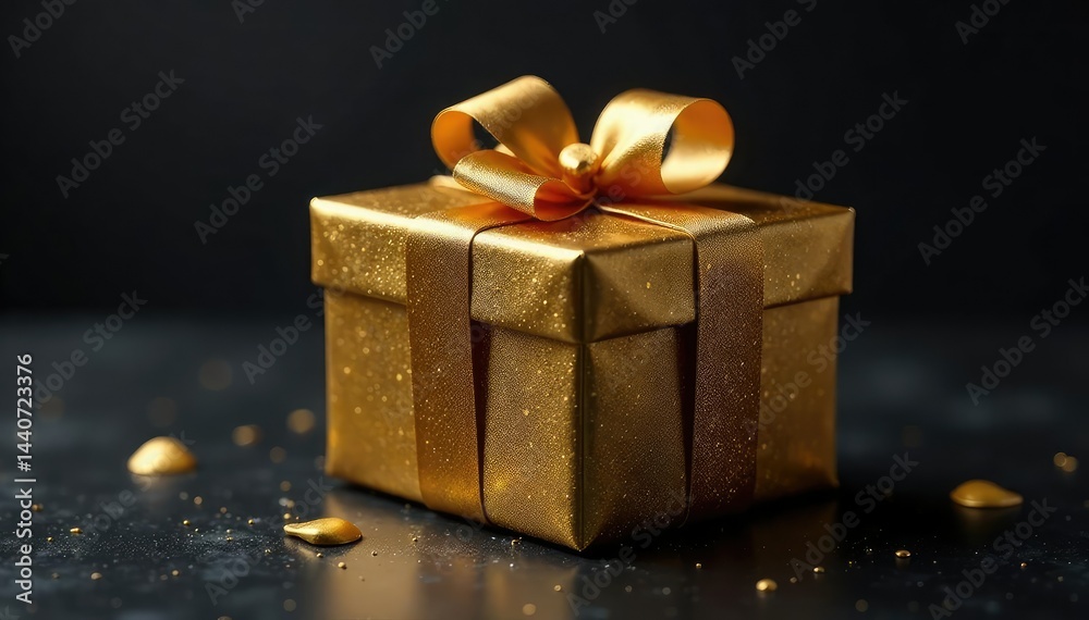Luxurious gold gift box pattern, dark background, shiny, graphic, celebration Luxurious gold gift box pattern, dark background, shiny, graphic, celebration