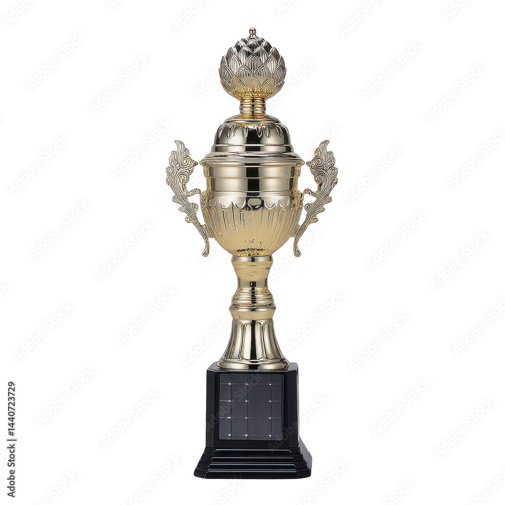 Shiny gold trophy with ornate handles and decorative top sits on black base, symbolizing achievement and success. intricate design adds elegance and prestige to award Shiny gold trophy with ornate handles and decorative top sits on black base, symbolizing achievement and success. intricate design adds elegance and prestige to award