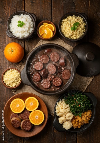 traditional Brazilian feijoada served in a rustic clay pot, surrounded by side dishes like rice IA generative