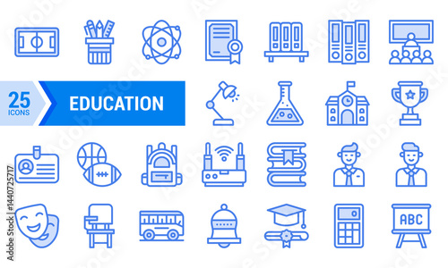 25 Blue Line Education Icons for Website or App Design.