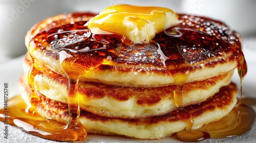 a stack of freshly made pancakes with a pat of butter and maple syrup on a white isolated background, indulgent and warm design