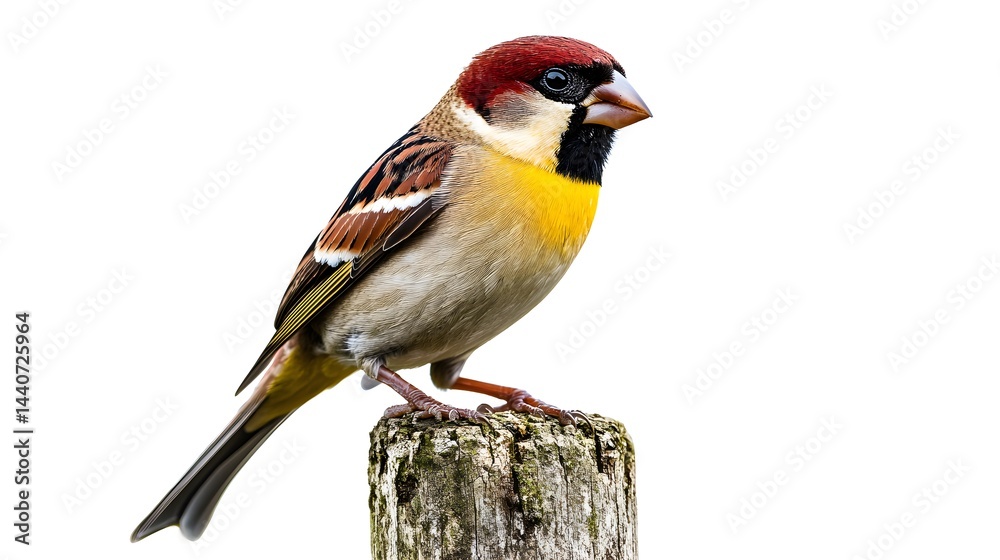 Fototapeta premium A vibrant male Spanish Sparrow perches on a weathered wooden post against a stark white background. Its rich plumage and detailed features are clearly visible.