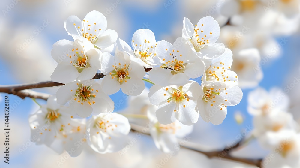 White Blossoms on Branch Blooming in Springtime with Blue Sky White Blossoms on Branch Blooming in Springtime with Blue Sky