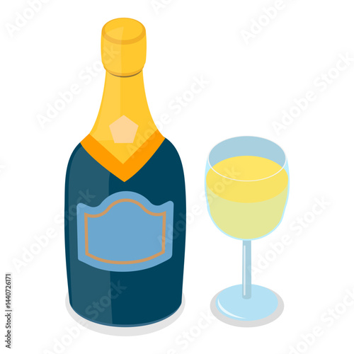 3D Isometric Flat Vector Set of Champagne Bottles, Sparkle Wine. Item 4