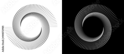 Spiral with lines as dynamic abstract vector background or logo or icon. Yin and Yang symbol. Black spiral on white background and white spiral on black background.