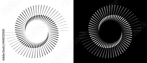 Spiral with lines as dynamic abstract vector background or logo or icon. Yin and Yang symbol. Black spiral on white background and white spiral on black background.