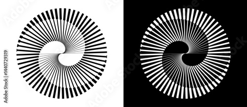 Spiral with lines as dynamic abstract vector background or logo or icon. Yin and Yang symbol. Black spiral on white background and white spiral on black background.