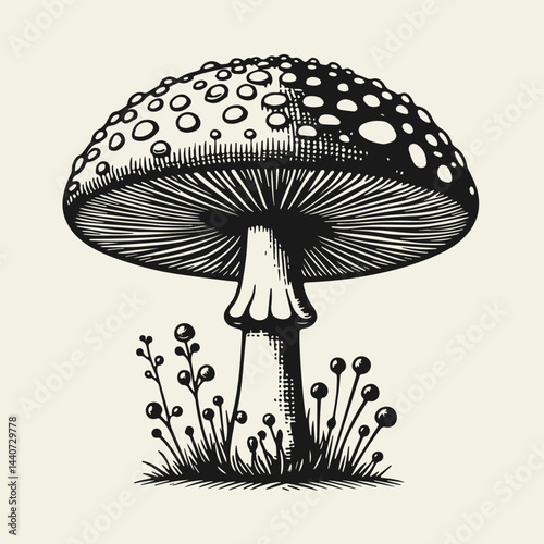 Fly agaric mushroom, poisonous mushroom, monochrome vector illustration isolated on white background