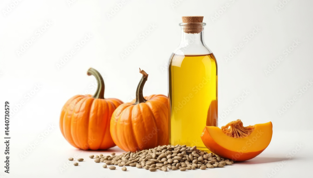 Glass bottle of pumpkin seed oil with fresh pumpkins and scattered seeds on a clean white background.