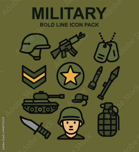 Bold Line Military Icon Pack – Flat Vector Collection with Solid Colors