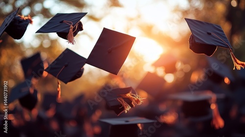 Graduation caps tossed in celebration at sunset ceremony