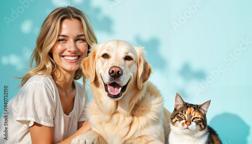 Happy woman with dog and cat posing against a light blue background  