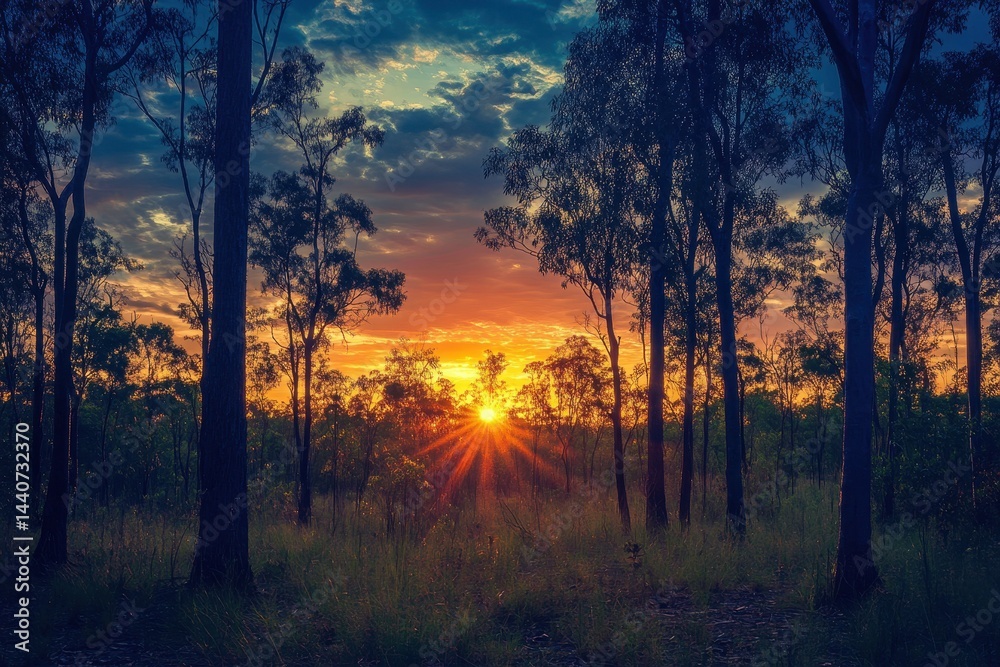 Spectacular sunset over the wild landscapes of Australia's Northern Territory showcasing vibrant colors and silhouettes, Australia Northern Territory sunset in wild nature landscape Bush forest view Spectacular sunset over the wild landscapes of Australia's Northern Territory showcasing vibrant colors and silhouettes, Australia Northern Territory sunset in wild nature landscape Bush forest view