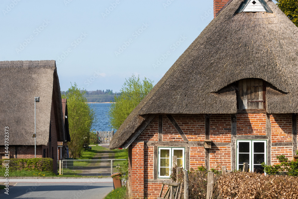 Malerische Reetdächer in dem schönen Dorf Bellin am Selenter See.