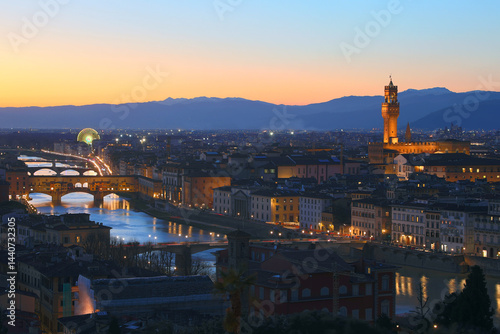 Obraz na płótnie enchanting panoramic view of the city of FLORENCE in central Italy at dusk with the city lights and the ancient monuments illuminated w salonie