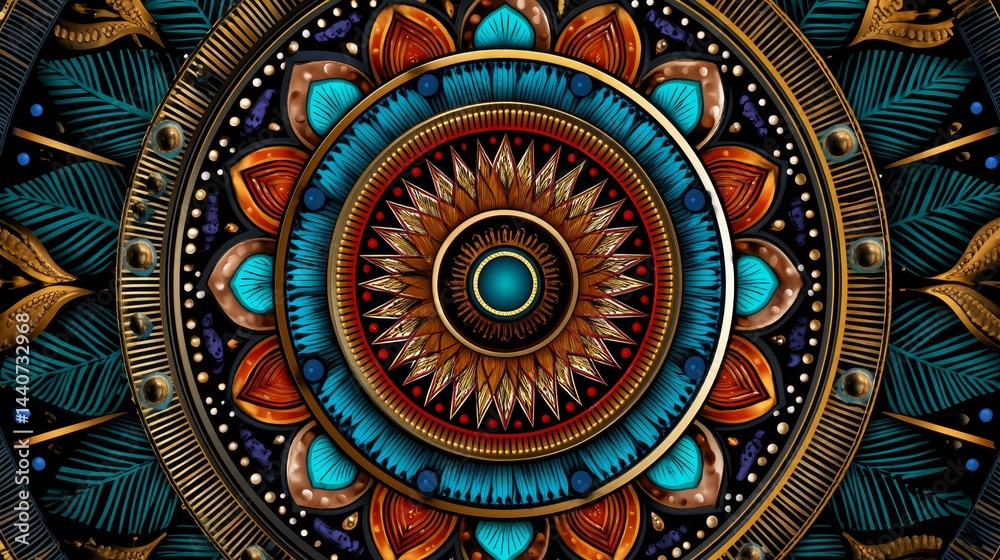 Intricate colorful mandala with geometric patterns and metallic accents Intricate colorful mandala with geometric patterns and metallic accents
