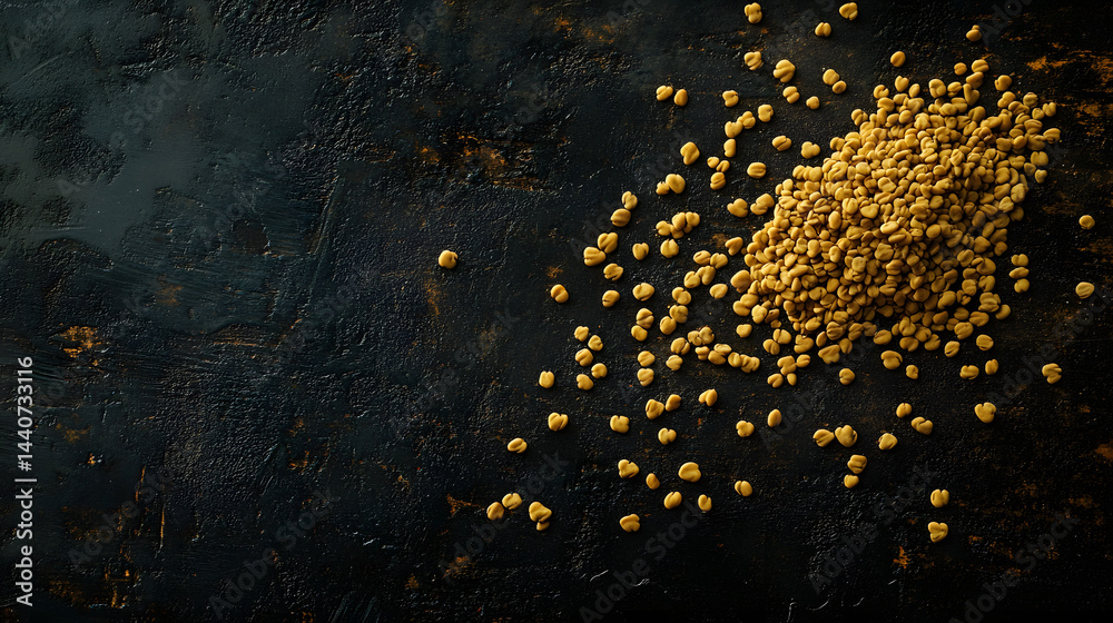 Fototapeta premium A vivid shot of whole fenugreek seeds scattered across a dark surface, their soft yellow hues and natural irregular shapes forming an organic pattern.