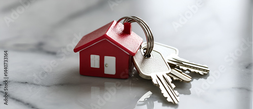 A close-up of a red house keychain with keys on a marble surface, symbolizing home ownership and real estate.