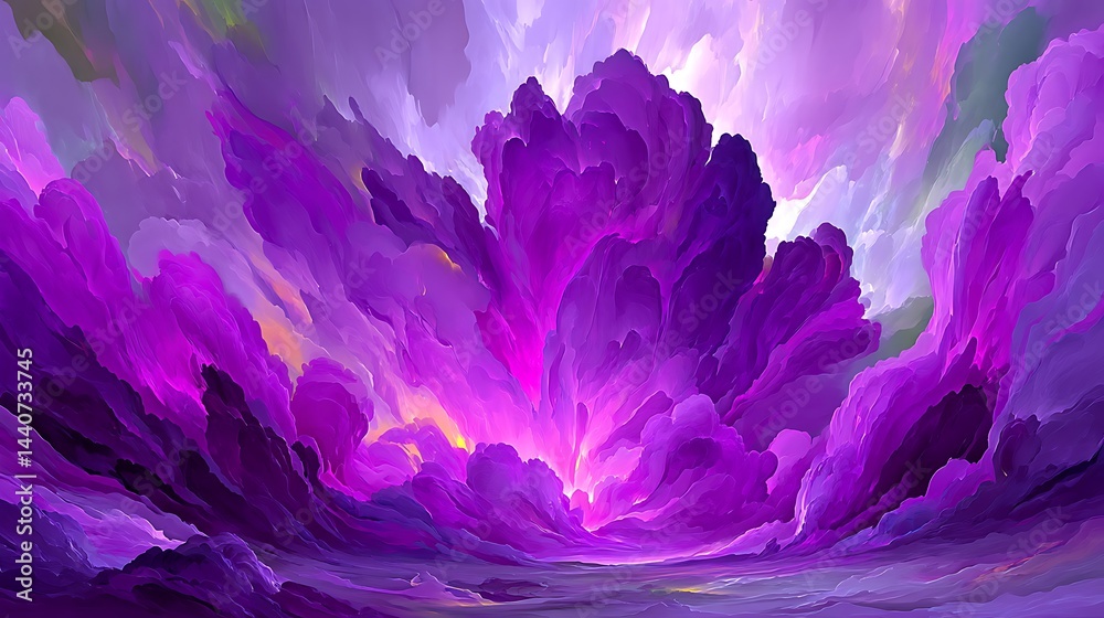 Obraz premium Abstract artwork of a burst of purple energy amidst cloudy skies, a vibrant dreamscape