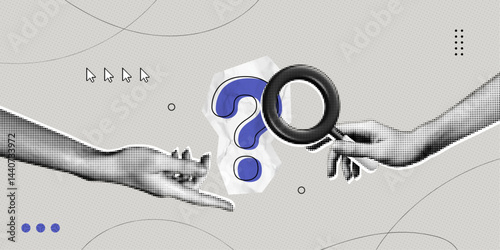 Trendy Halftone Collage Two Hands with magnifying glass and question mark. Problem analysis. Find solution or answer to cause or incident. Ask for reply. Contemporary vector illustration art