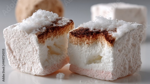 a close-up of a soft and fluffy marshmallow on a white isolated background, sweet and chewy design