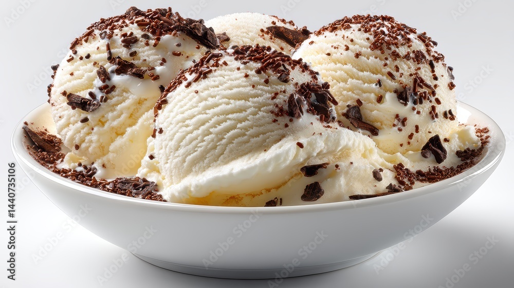 a delicious and creamy bowl of vanilla ice cream with chocolate sprinkles on a white isolated background, sweet and indulgent design a delicious and creamy bowl of vanilla ice cream with chocolate sprinkles on a white isolated background, sweet and indulgent design