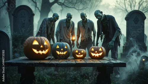 A spooky scene of zombies and jack-o'-lanterns set in a misty graveyard for Halloween.