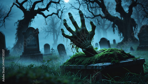 A chilling scene depicting a zombie hand emerging from a grave in a foggy cemetery setting.