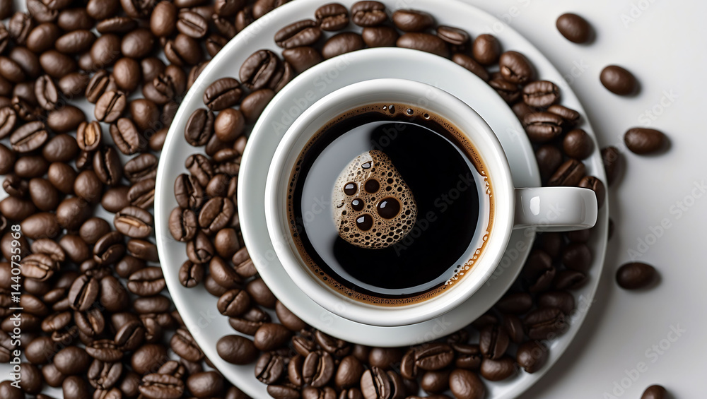 Fototapeta premium Coffee cup surrounded by scattered coffee beans